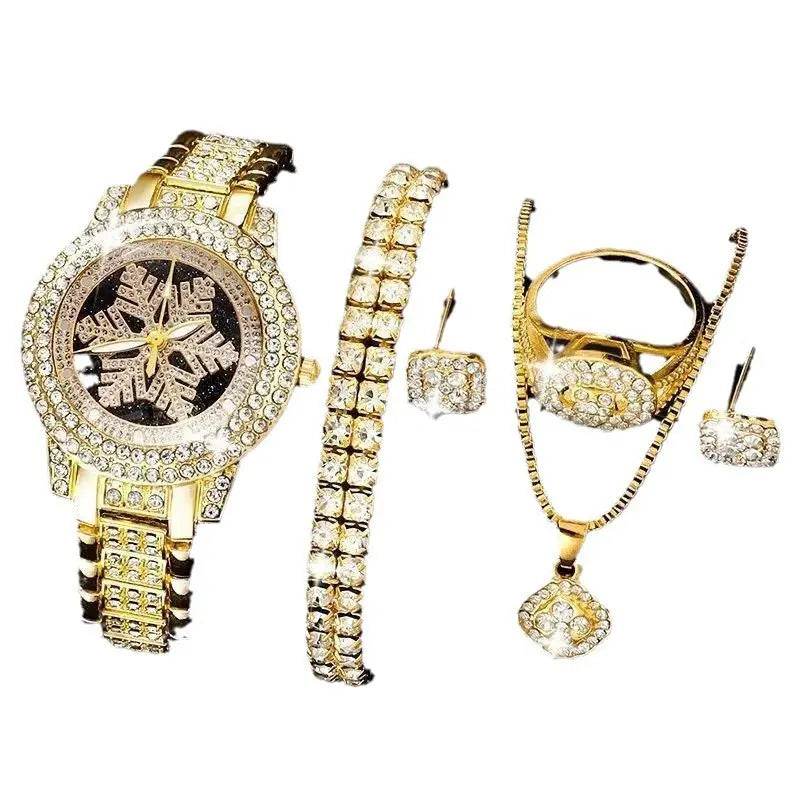 Snowflake Pattern Watch Luxury Full Rhinestone Jewelry Five-piece Set - Luxe Box Store