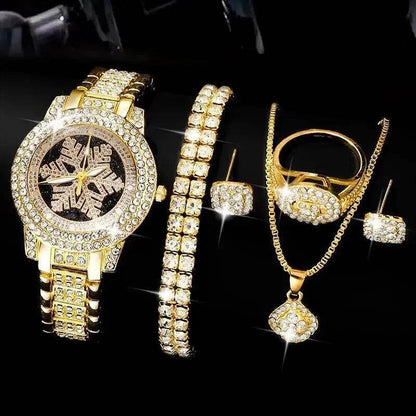 Snowflake Pattern Watch Luxury Full Rhinestone Jewelry Five-piece Set - Luxe Box Store