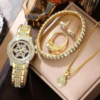 Snowflake Pattern Watch Luxury Full Rhinestone Jewelry Five-piece Set - Luxe Box Store