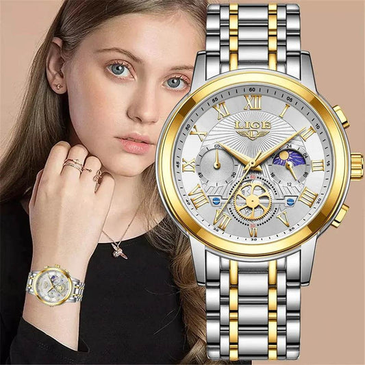 LIGE Relogio Feminino – Luxury Women’s Moon Phase Watch with Analog Display - Luxe Box Store